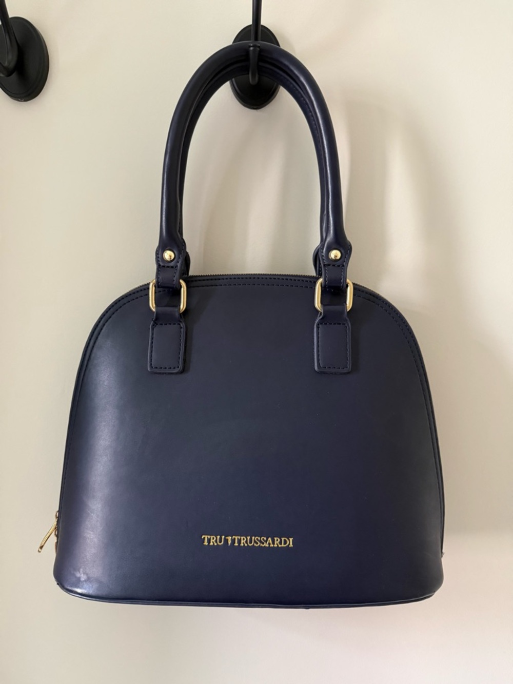 Tru Trussardi Navy Leather Dome Satchel Handbag with Gold Hardware